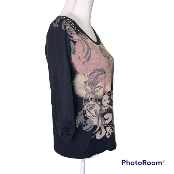 Style & Co. Jeans Studded Embellished Floral Print Top Y2K Size Petite Large - Picture 3 of 9